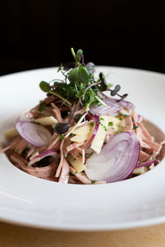 Elegant angerichtete Wurstsalat mit feinen roten Zwiebelringen und frischen Kräutern auf einem tiefen weißen Teller.